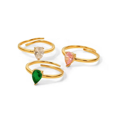 18K Gold Plated Multi-Colors Oval Zircon Dainty Water Drop Shape Stainless Steel Adjustable Rings