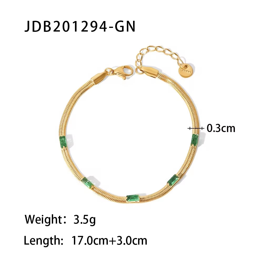 Minimalist Emerald Charms Green Zircon Jewelry Herringbone Band Twist Bracelet Figaro Chain Bracelet