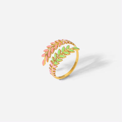 Dainty 18K Gold Plated Stainless Steel Creative Leaf Branch Shape Enameled Adjustable Rings