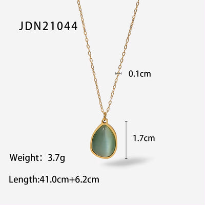 Water Drop Titanium Steel Pendant Necklace 18K Gold Plated Stainless Steel Green Opal Stone Necklace