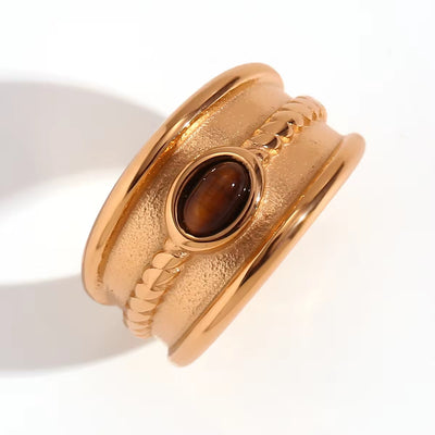 Vintage Engraved Natural Stone Statement Ring 18K Gold Plated Stainless Steel Signet Ring