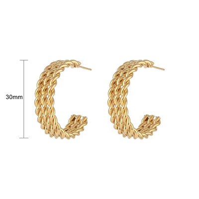 Tarnish Free Jewelry Weave Twisted Stainless Steel 18K Gold Plated Three Layered Gold Hoop Earrings