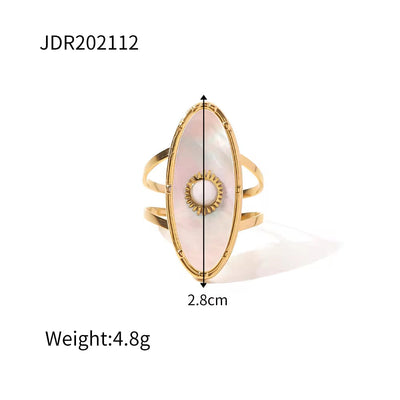 Oval round Natural Shell Pearl 18K PVD Gold Plated Stainless Steel Opening Rings Women Jewelry