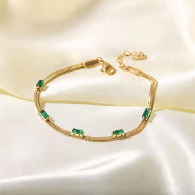 14K Gold Plated Flat Snake Chain Green Square Zircon Stainless Steel Bracelets Minimalist Design