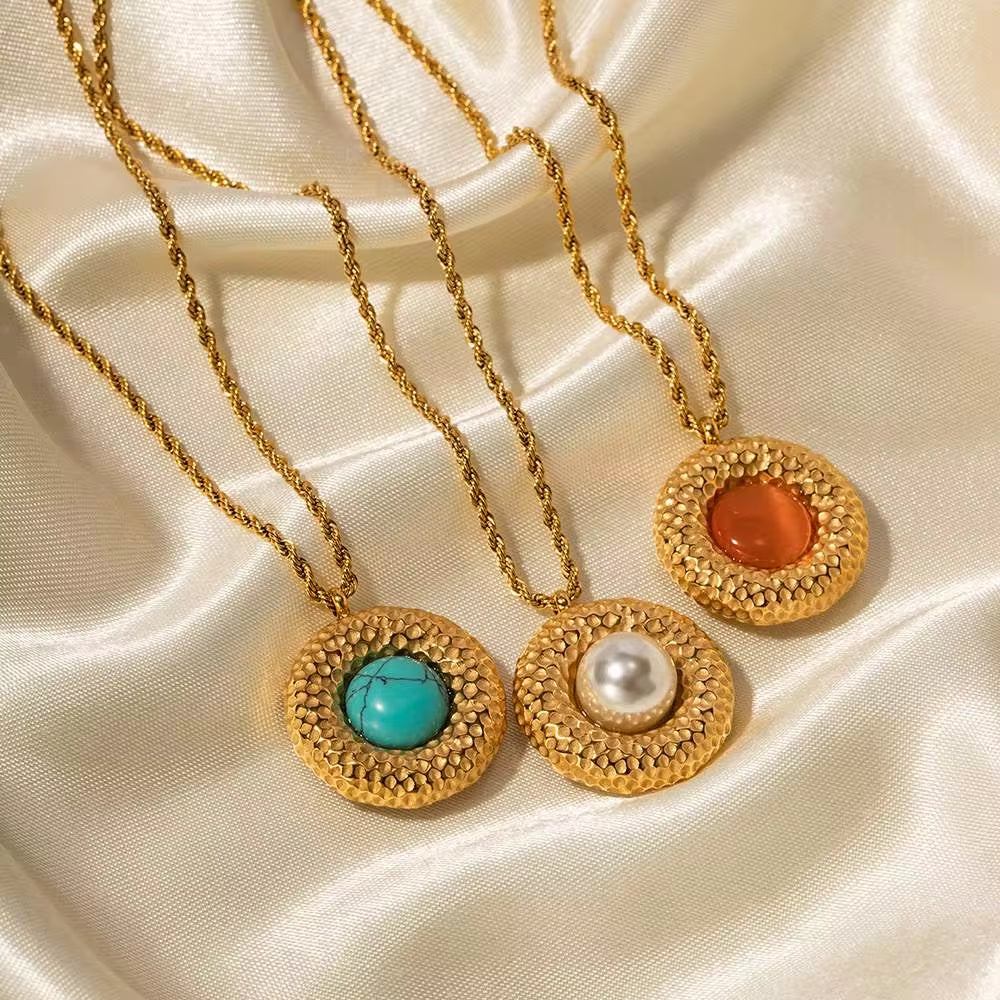 Turquoise Winding Circle 18K Gold Plated Stainless Steel Cat Eye Stone Vortex Pendant Necklace for Women