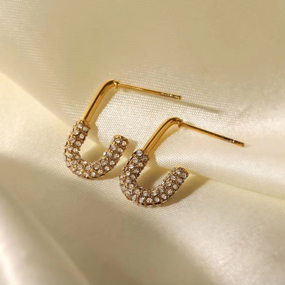 18K Gold Plated Stainless Steel U Shape White Cubic Zirconia Stud Earrings Daily Wearing Ins Popular