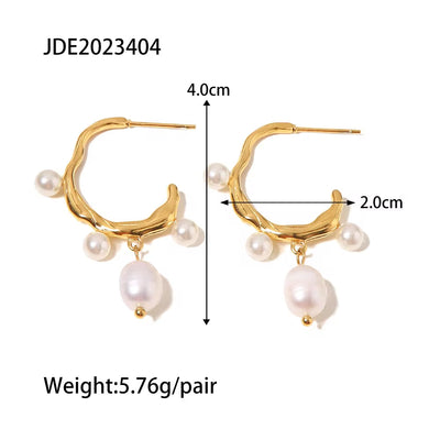 Fashion Jewelry Stainless Steel Wave CC Hoop Earring 18K Gold Plated Freshwater Pearl Drop Earring