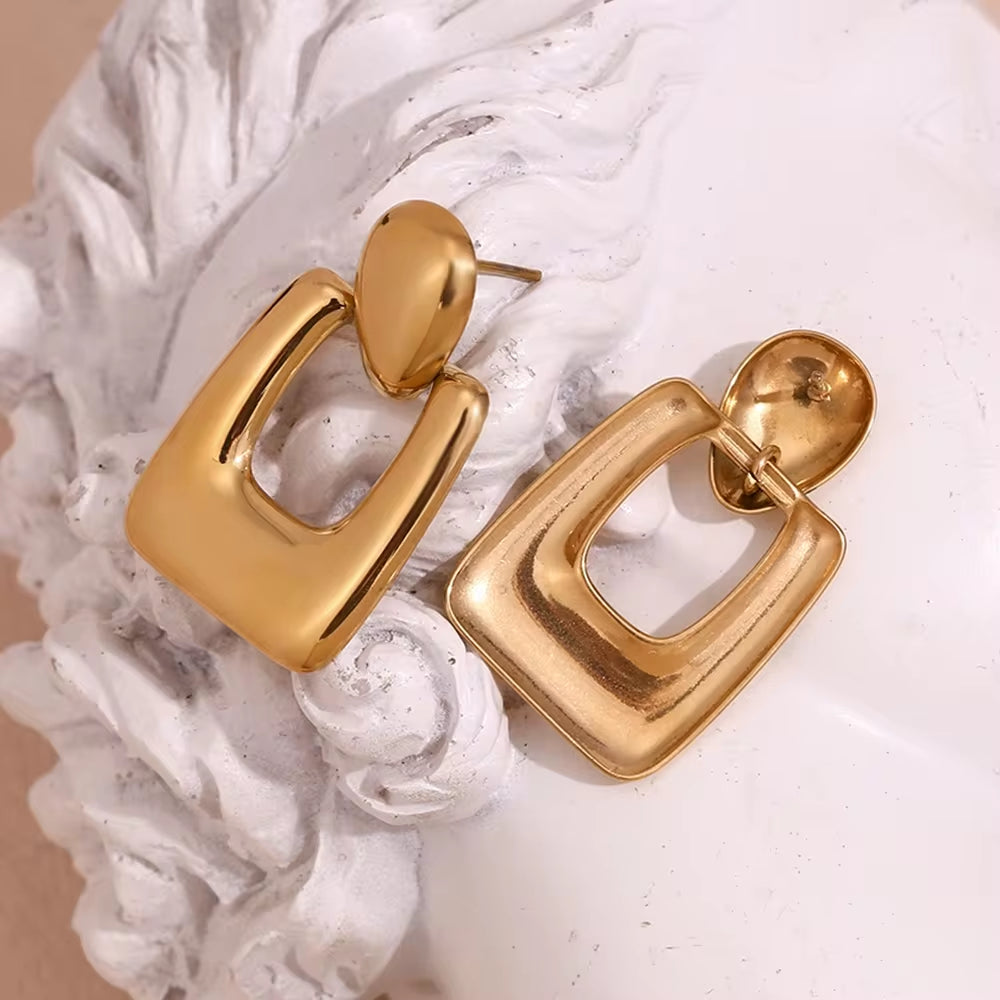 Bold Statement Earrings Hollow Square Drop Earrings Gold Plated Stud Earrings Stainless Steel Jewelry