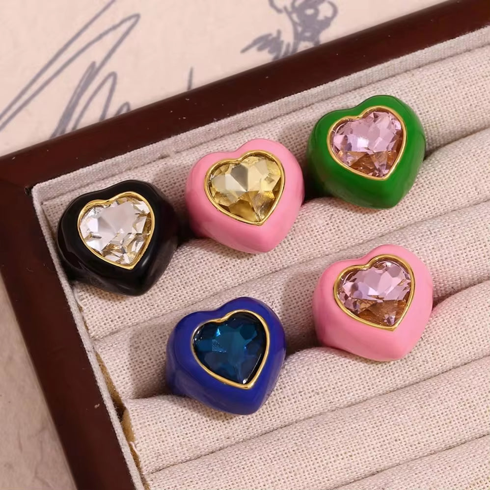 Chunky Colorful Enamel Y2K Heart Jewelry Shining Zircon Rings Set Gold Plated Stainless Steel Jewelry