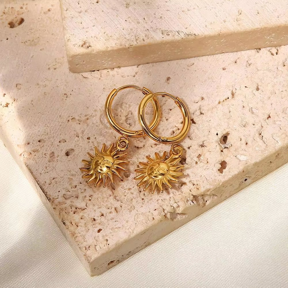 18K Gold Plated Stainless Steel Classic Sun Shape Pendant Hoop Earrings Waterproof Dainty Jewelry