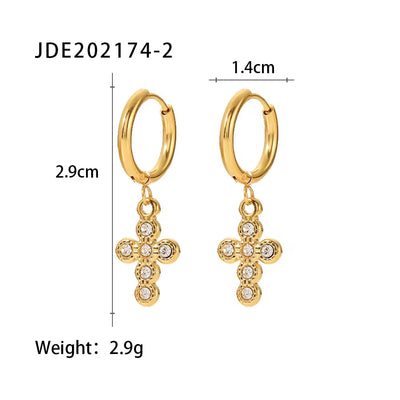 18K Gold Plated Stainless Steel Hoop Pearl Jewelry Cubic Zirconia Cross Pendant Earrings