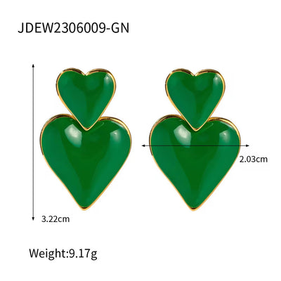 Trendy 18K Gold Plated Colorful Enamel Love Earring Stainless Steel Chunky Smooth Double Heart Drop Earrings