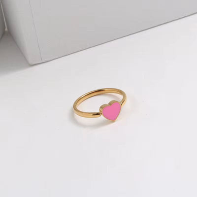 New High Quality Waterproof Rings Jewelry Enamel Pink Heart Ring Jewelry Stainless Steel 18K Gold Plate Heart Ring for Women