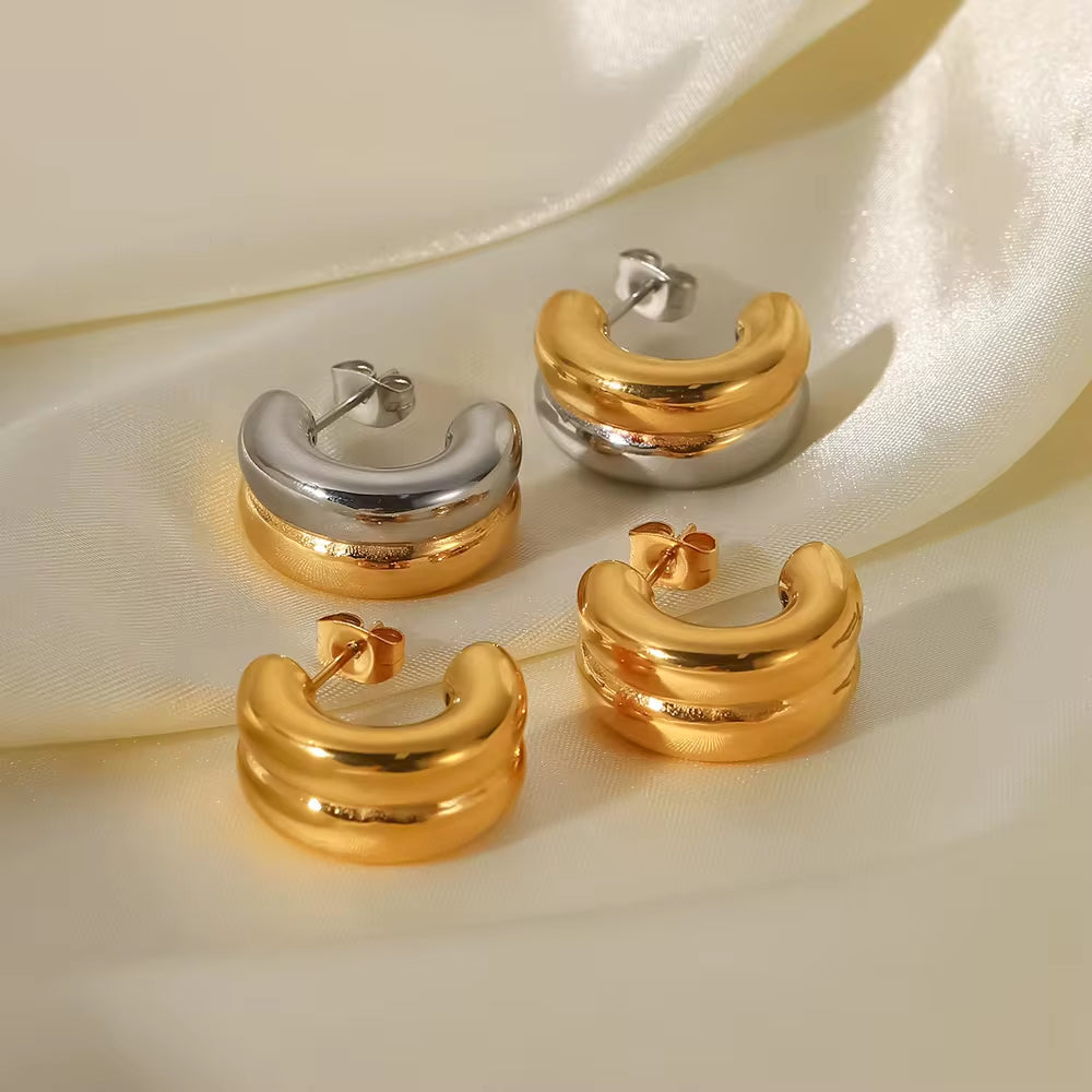 Connected Double Ring Gold Silver Color CC Shape Earrings Stainless Steel Pvd Plated Stud Earrings for Women