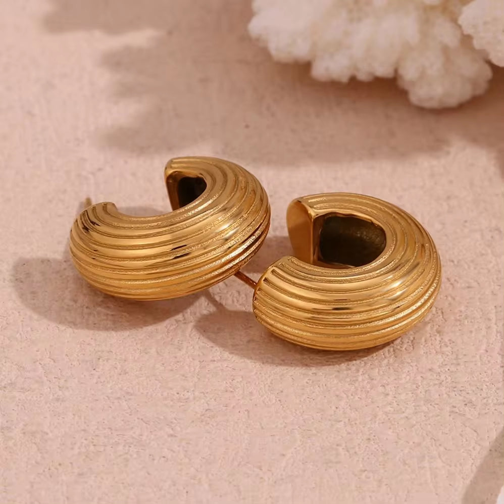 Fashion Gold Plated Jewelry Engraved Texture Hoop Earrings Stainless Steel Women Jewelry