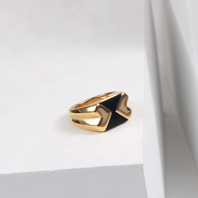 New Ins 18K Gold Plated Stainless Steel Retro Modern Design Black Epoxy Ring Tarnish Free Jewellery for Women