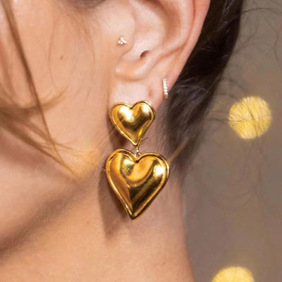 Trendy 18K Gold Plated Colorful Enamel Love Earring Stainless Steel Chunky Smooth Double Heart Drop Earrings