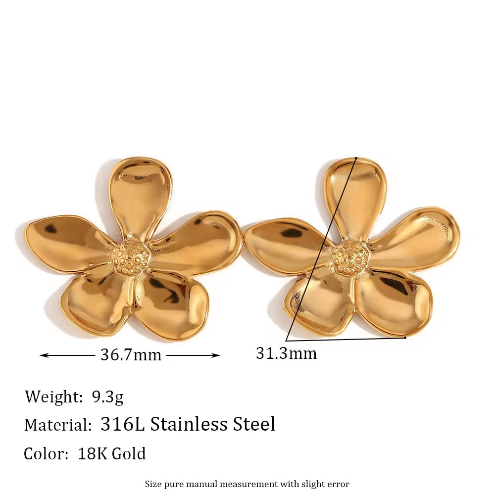 Glossy PVD Gold Plated Flower Earrings Tarnish Free Jewelry Waterproof Stainless Steel Stud Earrings