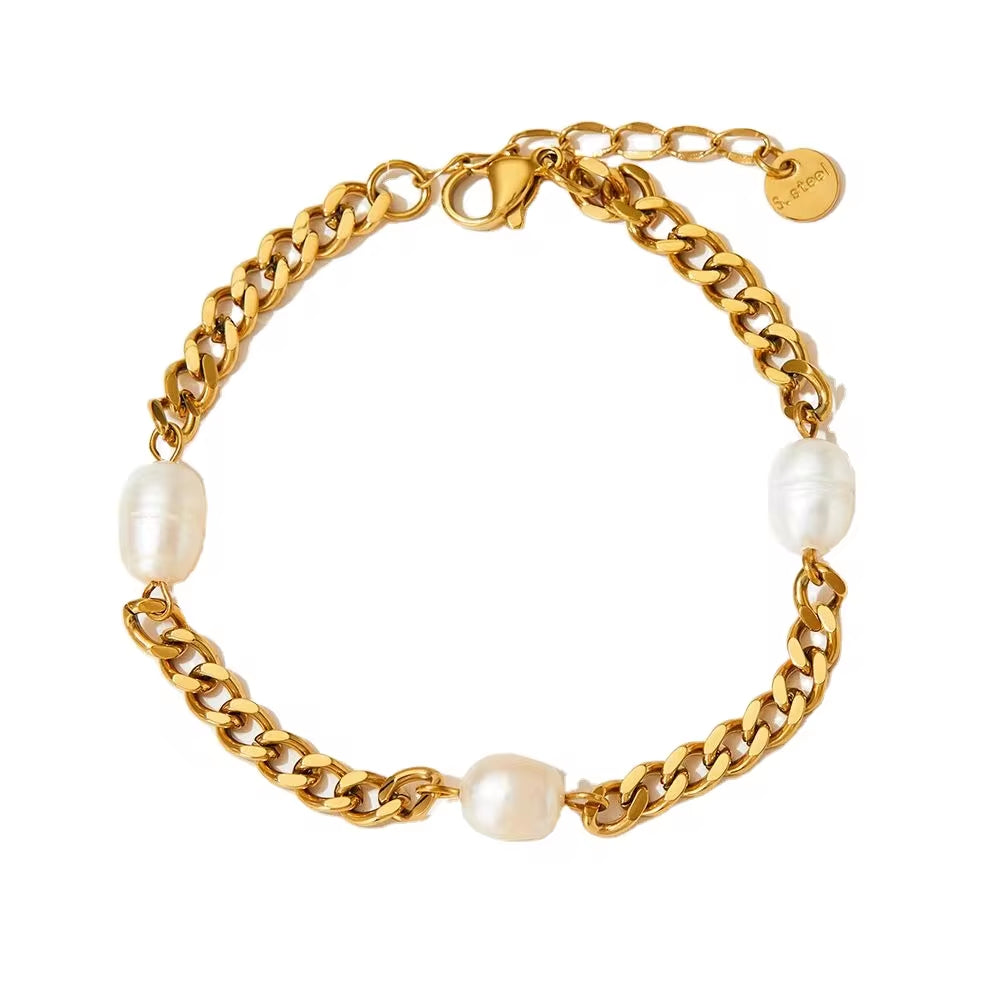 Vintage Pearl Charm Cuban Link Chain Bracelet 18K Gold Plated Stainless Steel Chain Bracelet