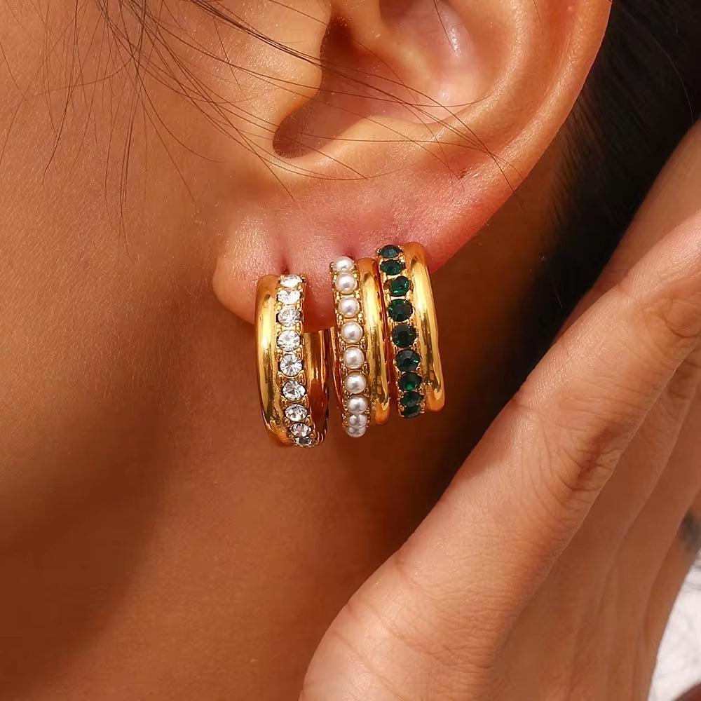 Spring Fashion Designer Earrings Zircon & Pearl Hoop Earrings Women 18K Gold Plated Stainless Steel Jewelry