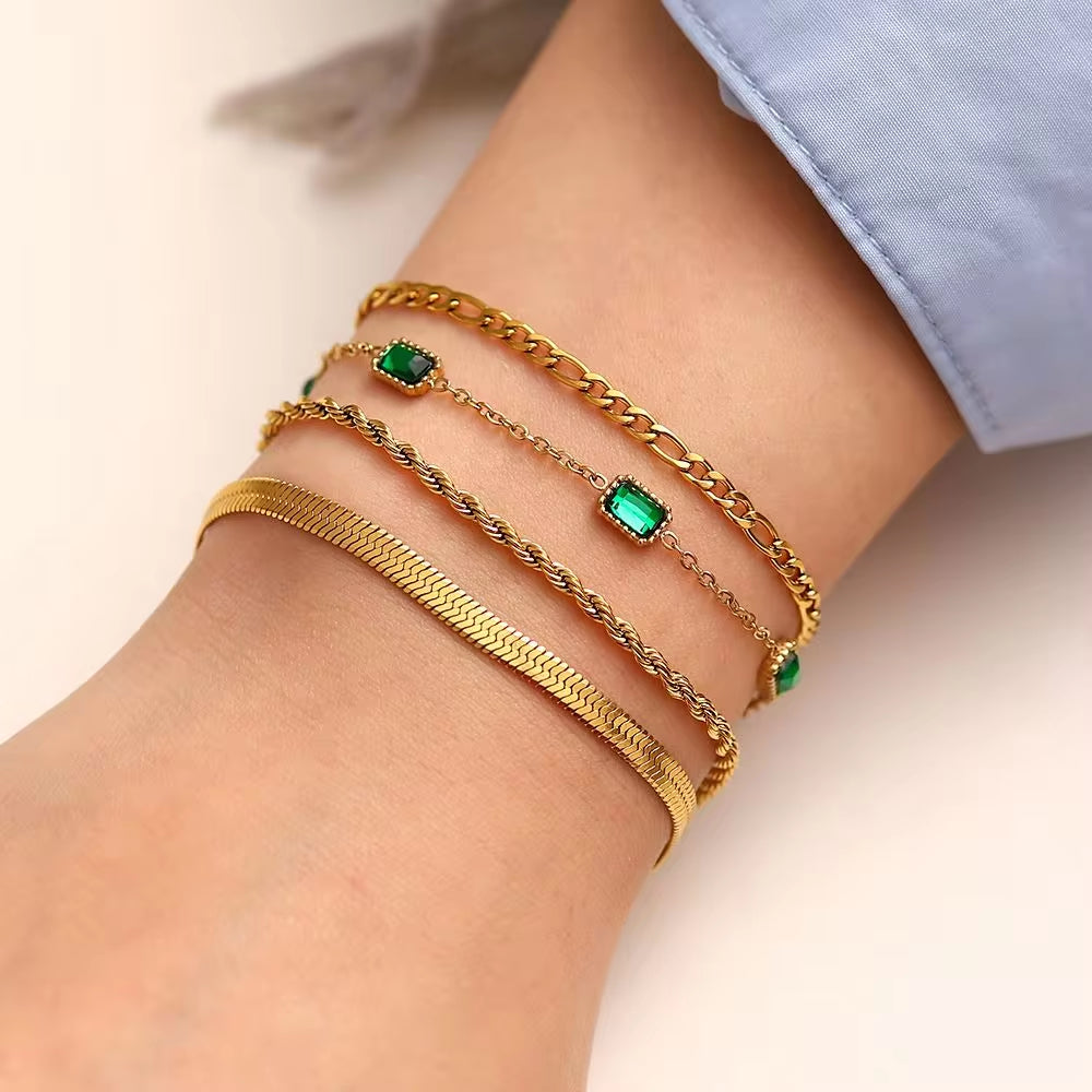 Minimalist Emerald Charms Green Zircon Jewelry Herringbone Band Twist Bracelet Figaro Chain Bracelet