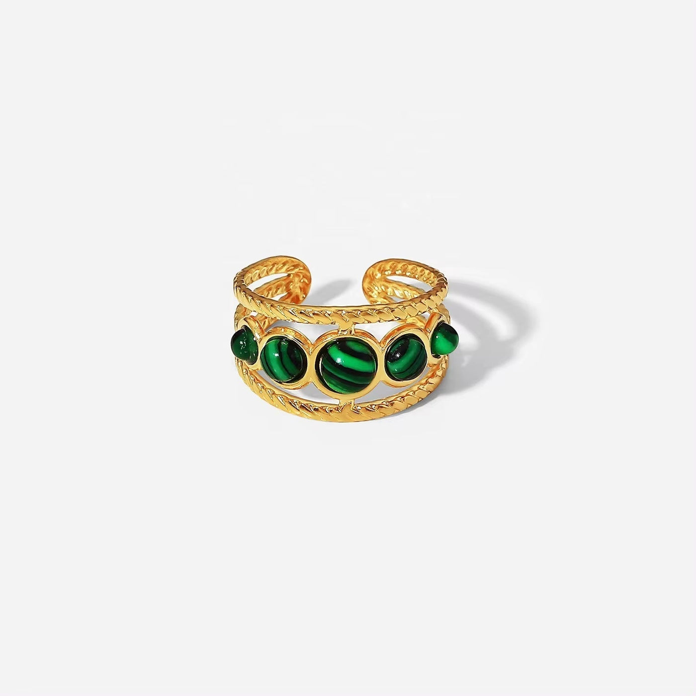 Water Proof PVD Gold Plated Stainless Steel Natural Malachite Stone Hollow Adjustable Rings