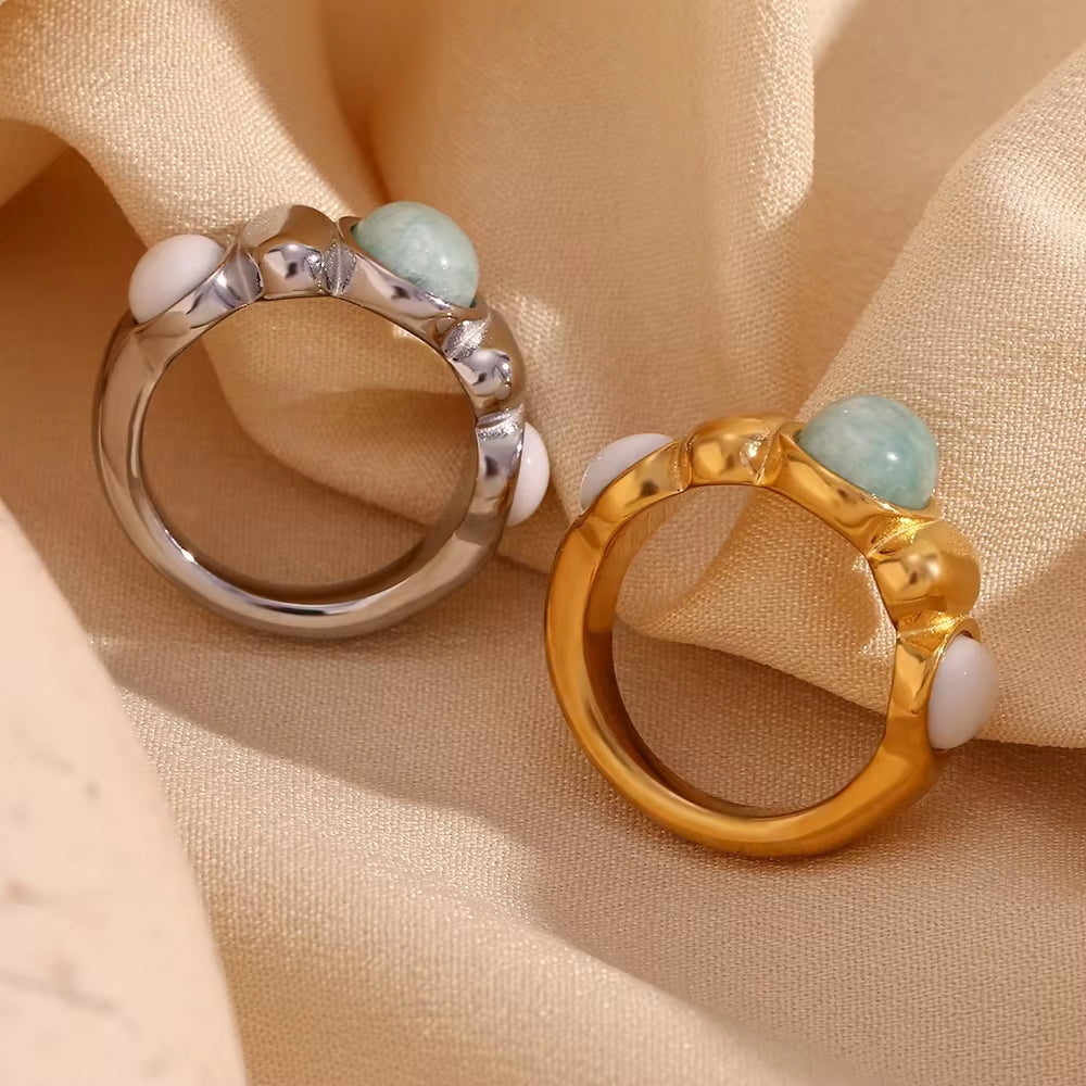 Oval Amazonite Gemstone Jewelry Natural Stone Gold Plated Rings Stainless Steel Rings Jewelry Women