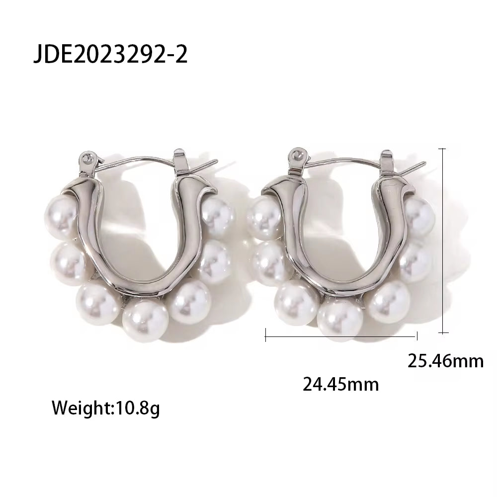 18K Gold Plated Silver Plated Stainless Steel White Pearl U Shape Large Hoop Earrings Jewelry