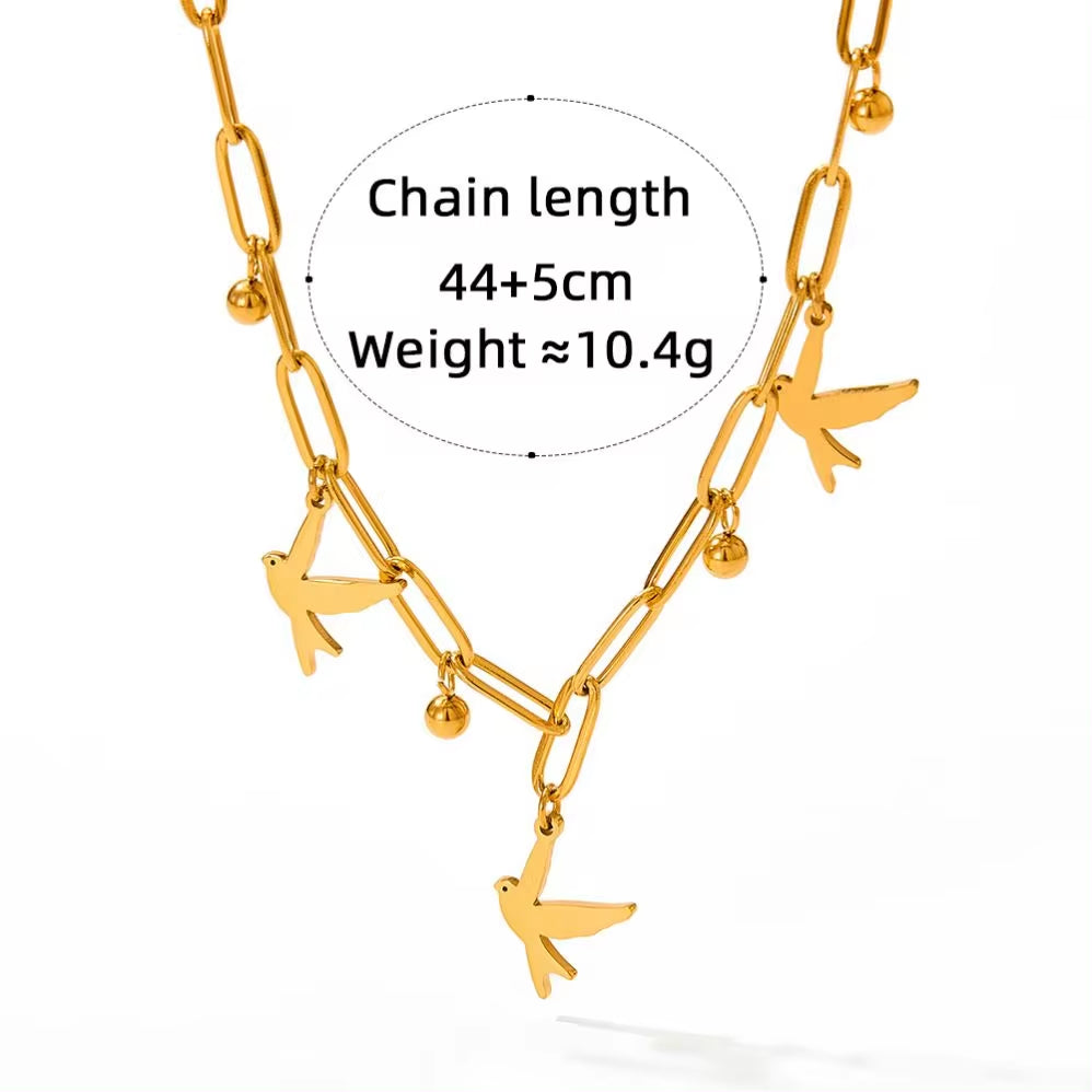 2024 Women Gold Plated Paper Clip Chain Bracelet Swallow Bird Pendant Necklace Jewelry Set