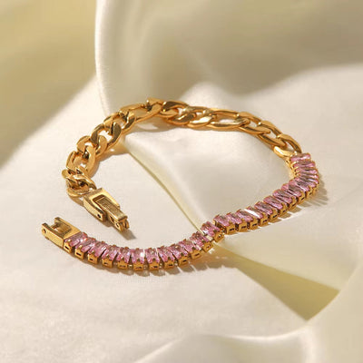 Stainless Steel 18K Gold Plated Jewelry Pink Full Cubic Zirconia Figaro Chian Bracelet for Women