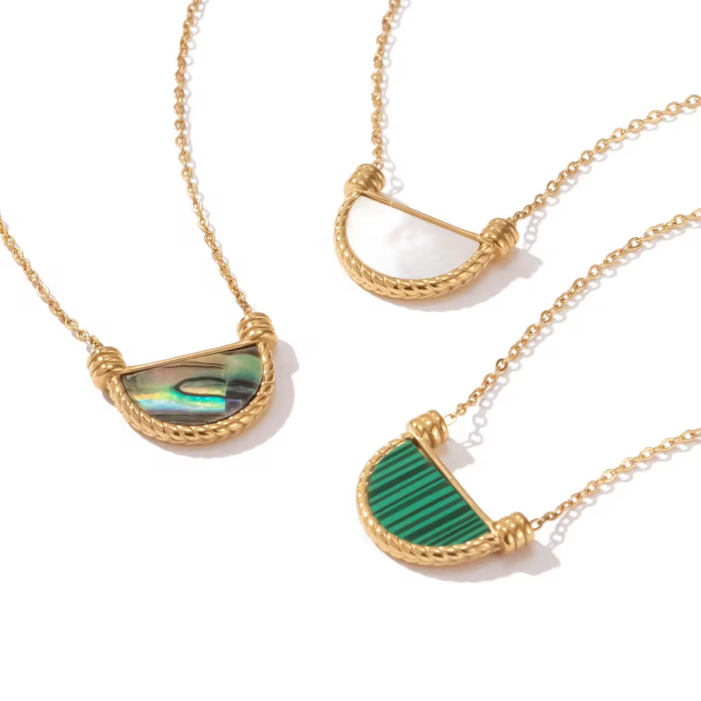 Stainless Steel Fan Shape Black Malachite Symphony Abalone Basket Natural Shell Pendant Necklace