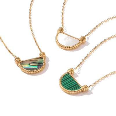 Stainless Steel Fan Shape Black Malachite Symphony Abalone Basket Natural Shell Pendant Necklace