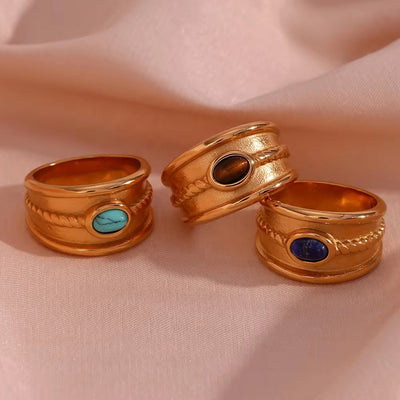 Vintage Engraved Natural Stone Statement Ring 18K Gold Plated Stainless Steel Signet Ring