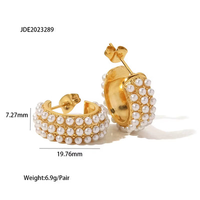 18K Gold Plated Stainless Steel C Shape White Pearl Three Layer Hoop Earrings Ins Fashion Jewelry