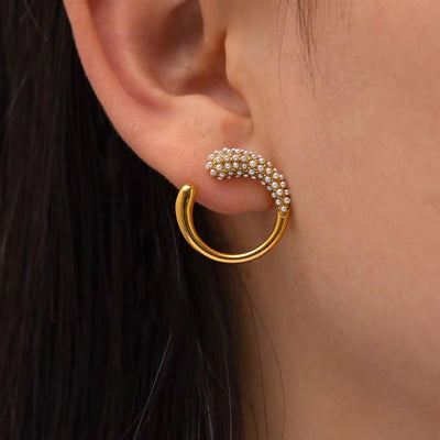 New Trendy 18K Gold Plated Stainless Steel CC Shape Zircon Pearl Inlaid Earring Circle Earring Jewelry Festival Gift