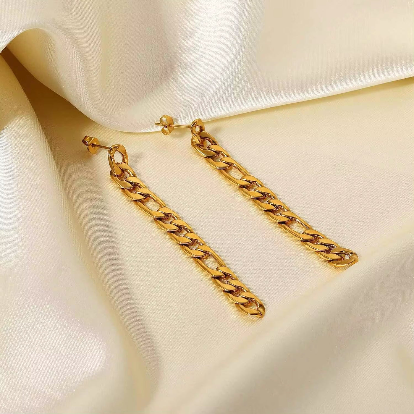 High Polished Stainless Steel 18K Gold Metal Women Jewelry Statement Party Long Figaro Chain Drop Earrings Women