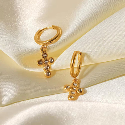 18K Gold Plated Stainless Steel Hoop Pearl Jewelry Cubic Zirconia Cross Pendant Earrings