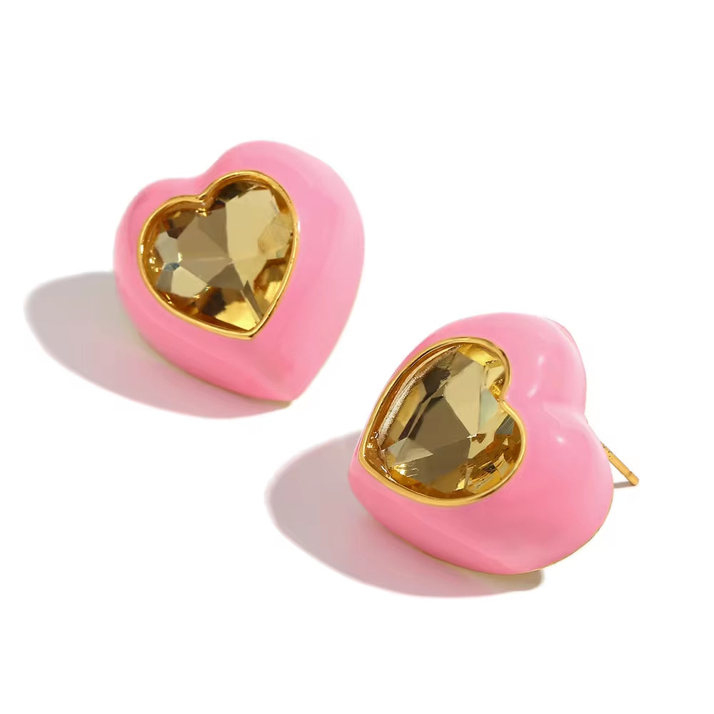 Spring Fashion Colorful Earrings Women Shining Heart Zircon Stud Earrings Gold Plated Stainless Steel Jewelry