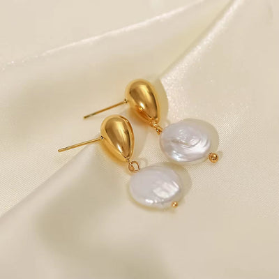 Ins 18K Gold Plated Earring Stainless Steel Natural Freshwater Pearl Pendant Earrings for Women