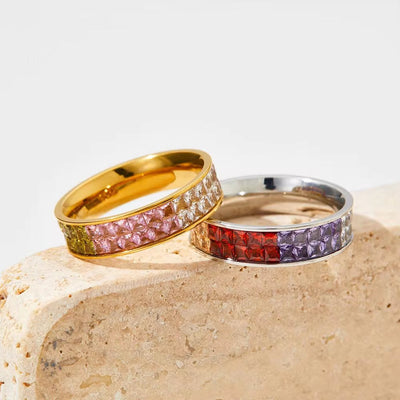 Classic Hot Sell Double Layer Square Crystal Pave Multicolor Stainless Steel Ring Colorful Diamond Rings Jewelry Wome