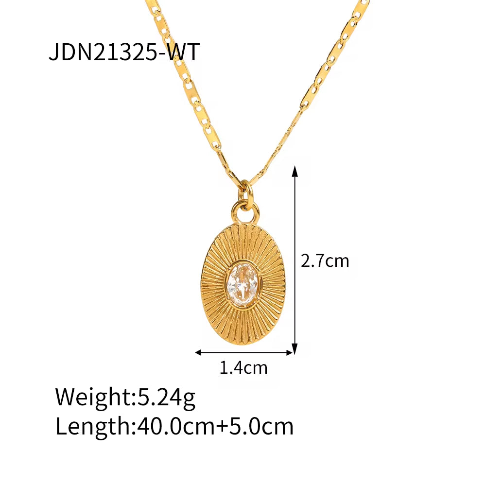 Trendy 18K Gold Plated Charm Necklace Stainless Steel Screw Zircon Paved Oval Sunburst Pendant Necklace