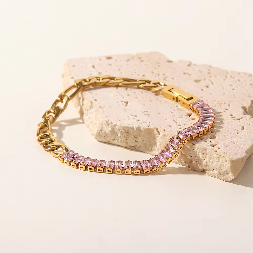 Stainless Steel 18K Gold Plated Jewelry Pink Full Cubic Zirconia Figaro Chian Bracelet for Women