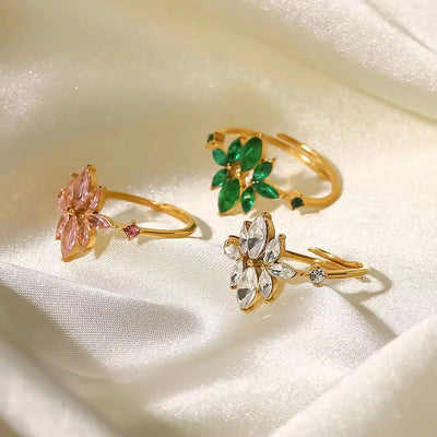 18K Gold Plated Thin Flower Zircon Finger Ring Stainless Steel Green CZ Zircon Adjustable Ring