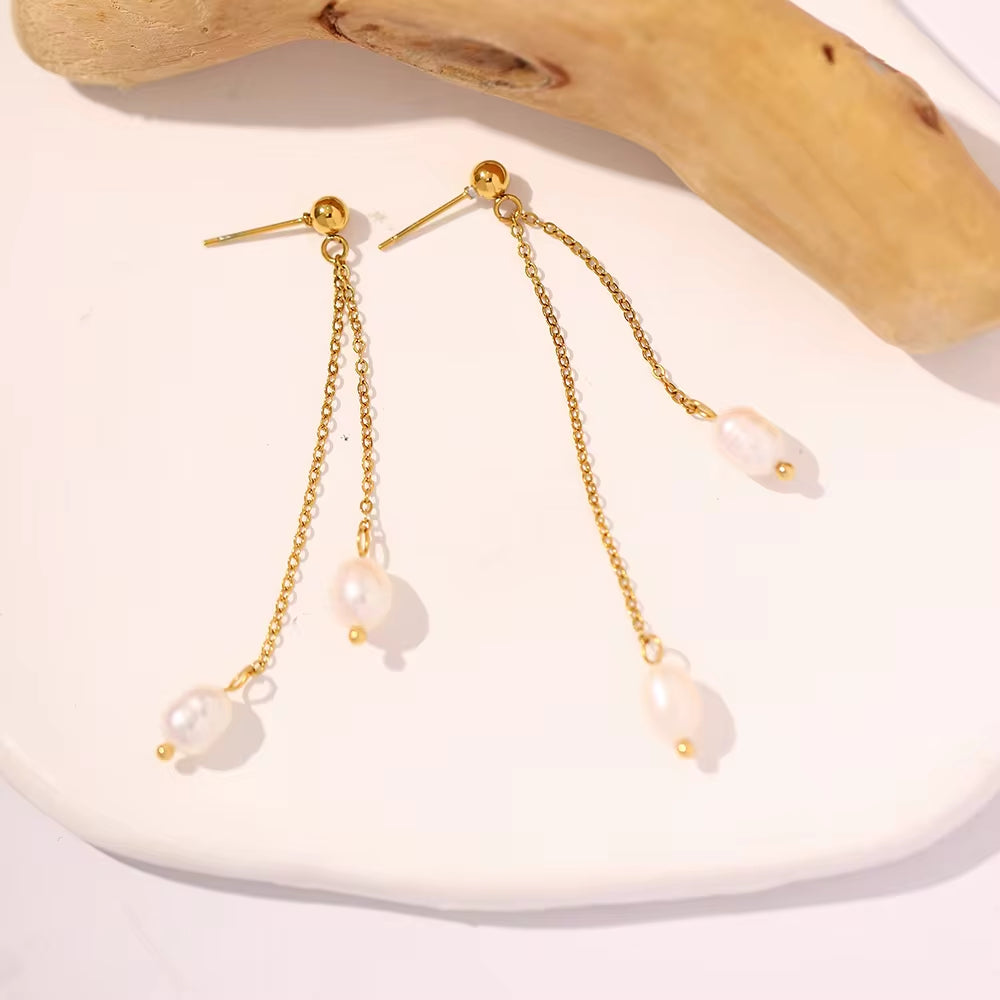 18K Gold Plated Stainless Steel Natural Freshwater Pearl Tassels Pendant Earrings for Ladies Gift