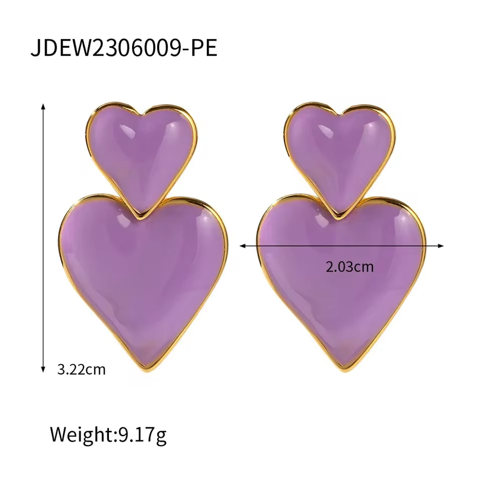 Trendy 18K Gold Plated Colorful Enamel Love Earring Stainless Steel Chunky Smooth Double Heart Drop Earrings