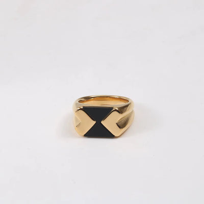 New Ins 18K Gold Plated Stainless Steel Retro Modern Design Black Epoxy Ring Tarnish Free Jewellery for Women