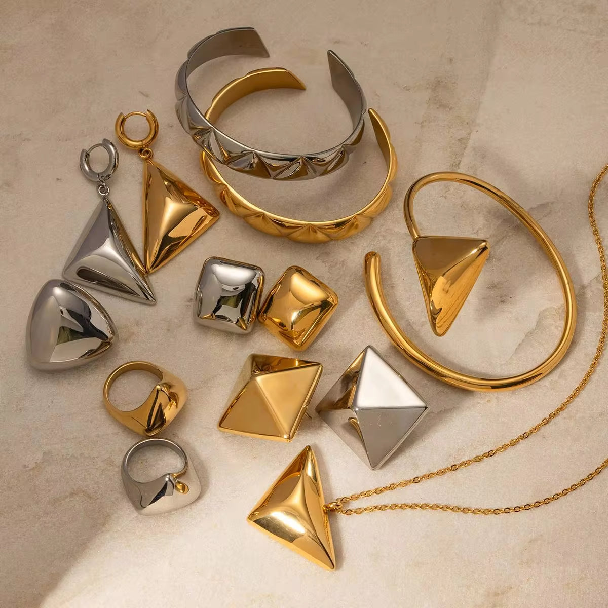 Chunky 18K High Polish Stainless Steel Jewelry Bangle Geometric Smooth Triangle Earring Necklace Set Clean Fit