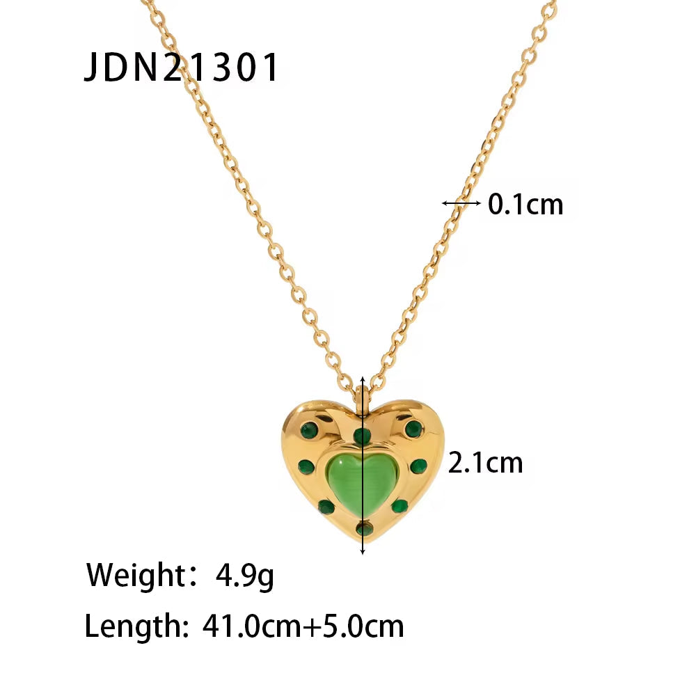 Lovely Heart Necklace Stainless Steel Clear Zircon Green Opal Stone Heart Pendant Necklace