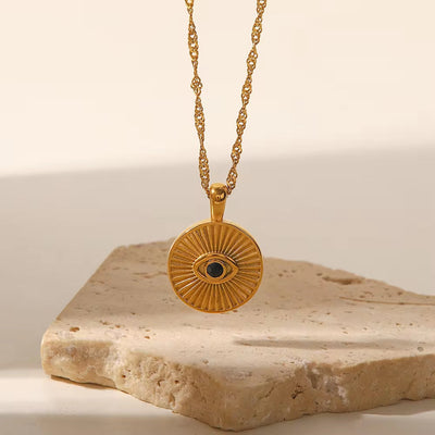 Vintage 18K Gold Plated Sunburst Eye Necklace Stainless Steel Black Stone round Coin Eye Necklace