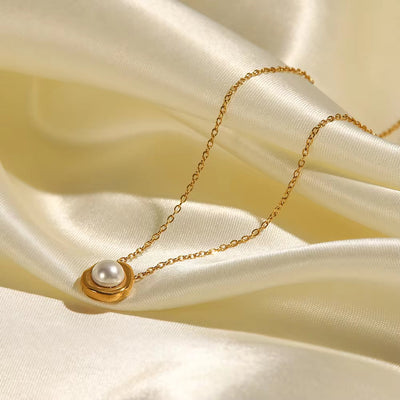 Vintage Jewelry Stainless Steel Link Chain Pearl Necklace Irregular Pendant Paved White Pearl Necklace